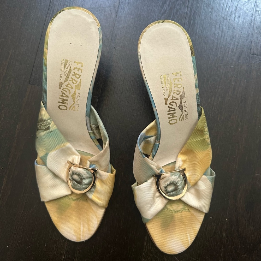Salvatore Ferragamo Cream, Green, and Blue Kitten Heels with Buckle
